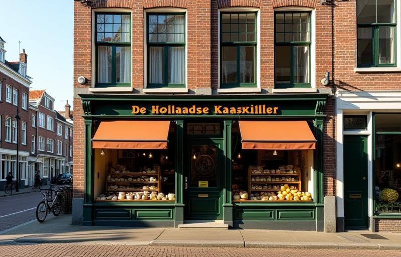 Exterior view of De Hollandse Kaaswinkel shop on a street in Gouda.