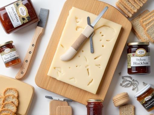 Selection of cheese knives, boards, and local jams.