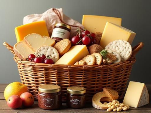 A curated gift basket filled with cheese and related items.