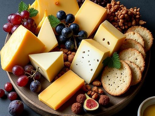 Gourmet cheese platter with fruits and nuts.