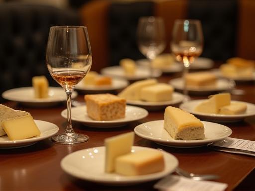 Table set up for a cheese tasting session with different cheeses and drinks.